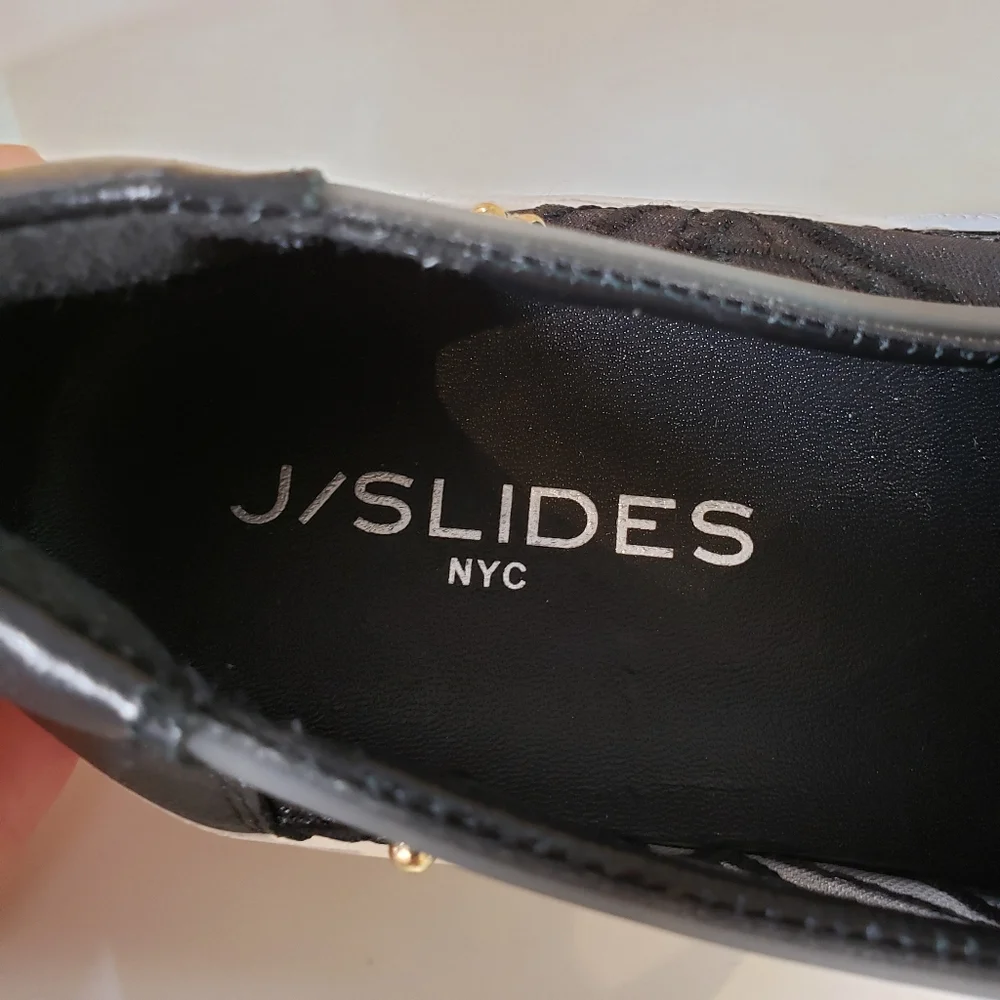 J Slides Black Lace Platform Loafers with Gold Hardware
